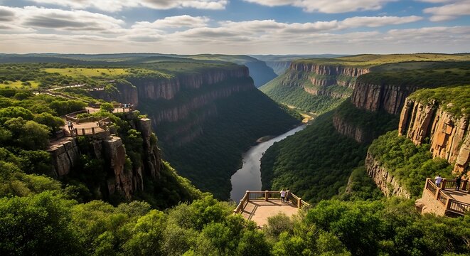 Deep canyon with river and cliffs.