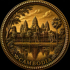 Fototapeta premium Angkor Wat temple complex in Siem Reap Cambodia detailed gold coin
