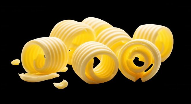 A cluster of yellow butter curls with ridged textures isolated on a solid black background, arranged in a small pile for food