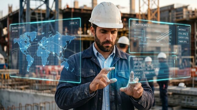 Construction engineer in hard hat using holographic interface for global logistics and material data