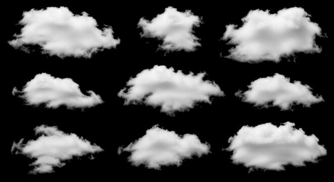 A collection of nine distinct white fluffy cumulus clouds isolated on a solid black background, for and compositing