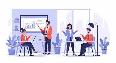 Fototapeta premium Flat design of four professionals in a modern office setting, presenting and collaborating on data