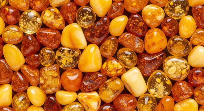 Close-up of assorted amber stones.