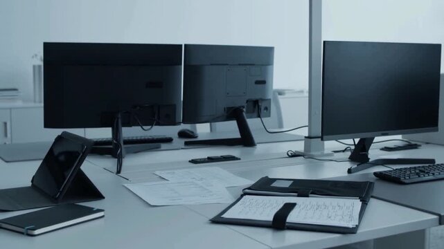 Serene corporate office desk setup with Multiple Monitors and Business Documents. 