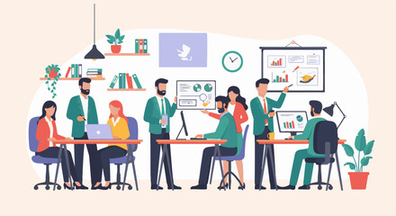 Fototapeta premium Flat illustration of a diverse business team collaborating in a modern office, working with charts