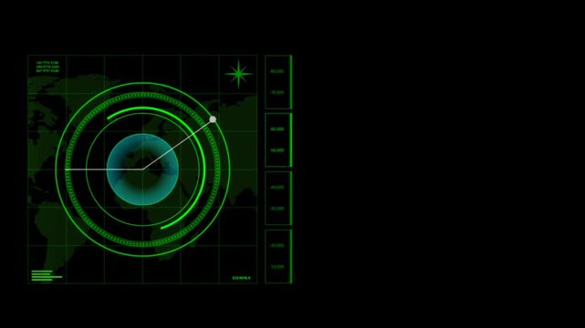 Animation green HUD circle techniology for scans a target on black background.