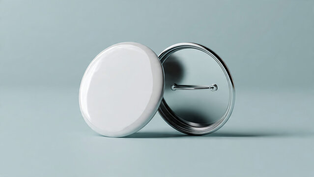 White blank round pin button badge with silver metal fastener back on pastel blue background, product mockup, concept for
