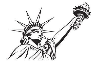 Detailed vector graphic of the statue of liberty's head and torch arm viewed from a side angle in a minimalist black and white line art style with monument landmark american patriotic © Shahin