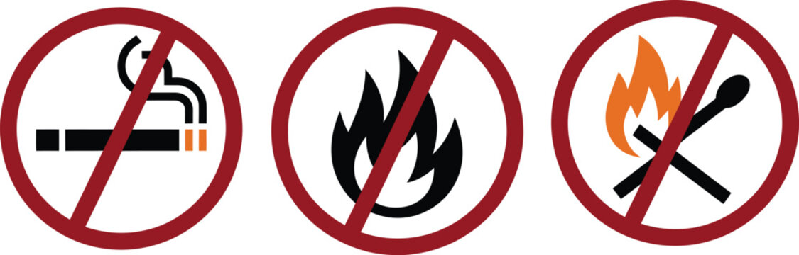 No smoking sign, no smoking, forbidden no smoking and no open fire burning red sign, no open flame prohibition symbols collection, safety warning and fire restriction vector illustration set.