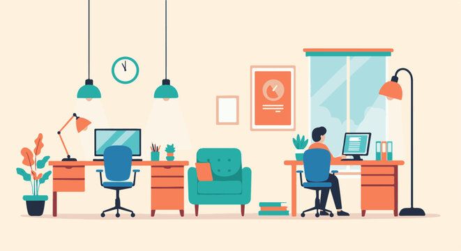 Flat illustration of a home office workspace with a person working at a desk and another empty workstation