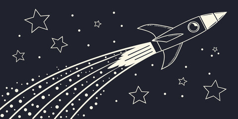 Vintage rocket ship blasting off with star trail on dark background vector spaceship universe exploration technology blastoff celestial astronomy propulsion trajectory background © Shahin