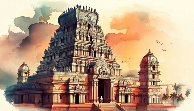 Gorgeous watercolor representations of beloved Tamil Nadu temples for celebration.