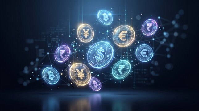Digital currency symbols from various global economies floating in a futuristic, interconnected network representing global finance and technology.