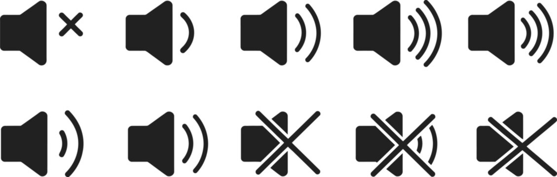 Volume icon set, loudspeaker mute and unmute sound control symbols, speaker volume flat vector icons for video apps and websites, audio settings and media control