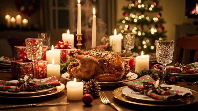 Festive Christmas table setting with roasted chicken, candles, decorations, and a lit Christmas tree for a family celebration