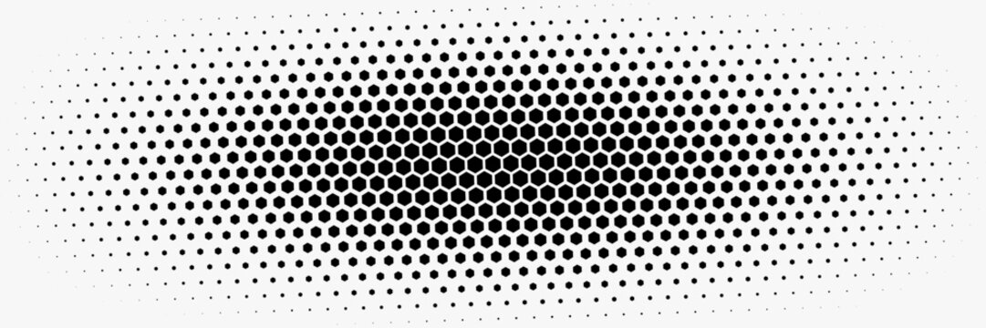 Fading hexagon gradient texture. Vanishing honeycomb pattern background. Geometric hexagonal halftone tech overlay backdrop. Black grunge halfton wallpaper. Vector retro dot texure wallpaper