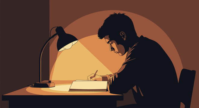 Focused student studying at desk under warm lamp light, night study and concentration concept for education, exams and academic productivity illustration