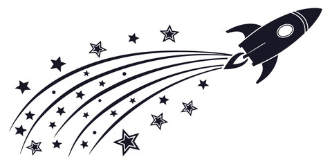 Retro rocket ship launching into outer space leaving a trail of stars behind with science fiction astronomy exploration illustration propulsion adventure astrophysics astronomer stardust © Shahin