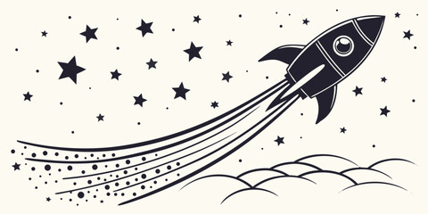 Hand drawn rocket ship flying over clouds in starry sky with illustration exploration adventure astronomy spacecraft imagination stardust monochrome isolated background creative © Shahin