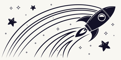 Simple line art rocket ship flying in space with stars illustration minimalist exploration astronomy propulsion trajectory spacecraft imagination stardust monochrome isolated © Shahin