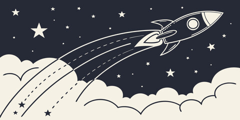 Vintage style rocket ship launching through clouds into starry night sky with illustration exploration astronomy propulsion trajectory spacecraft imagination stardust monochrome © Shahin