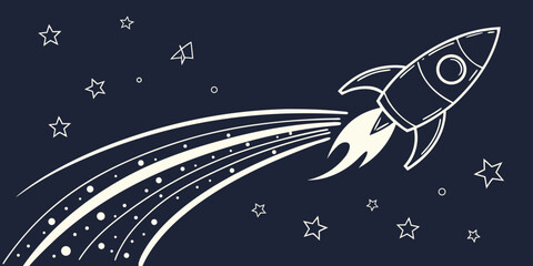 Minimalist rocket launching in dark blue space with stars trail background illustration exploration astronomy propulsion trajectory spacecraft imagination stardust minimalist creative © Shahin