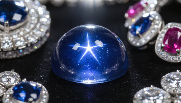 Polished Star Sapphire cabochon gemstone macro with glowing 6-ray asterism