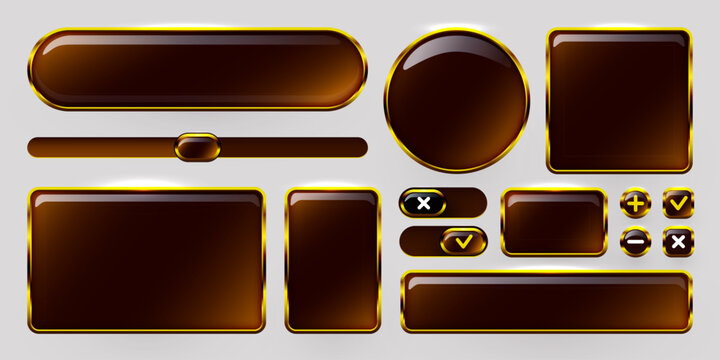 Glossy brown UI buttons and web elements with gold border. Modern interface kit for web design. Vector illustration