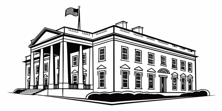 Black and white line art illustration of the historic presidential mansion building featuring columns and a flagpole white house government building us architecture washington dc landmark