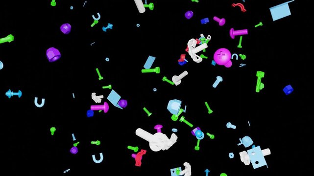 Falling dropping mechanical nut bolts brackets fixtures parts attachments  10 seconds moving turning rotating spinning background animation screensaver visualizer hd video
