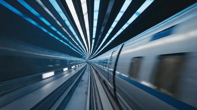 Train in a tunnel with blue lights highlighting artificial intelligence and digital evolution