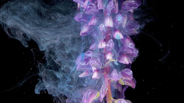 Vertical floral column enveloped in smoky ink, studio macro pattern study for editorial and botanical projects, rhythmic petals cascading along stalk,