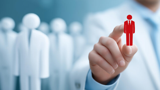Close-up of a hand selecting a highlighted red-tie figure from a crowd of white-suited icons on a blue screen, headhunting concept, identifying standout candidate, talent selection