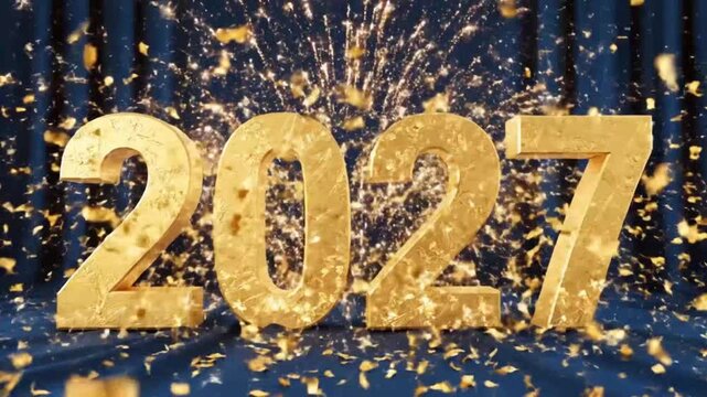 Golden 2027 numbers with fireworks for creative digital media and visual arts