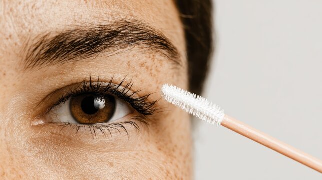 Close-up of eye with natural makeup and brown eyebrow featuring mascara application on lashes