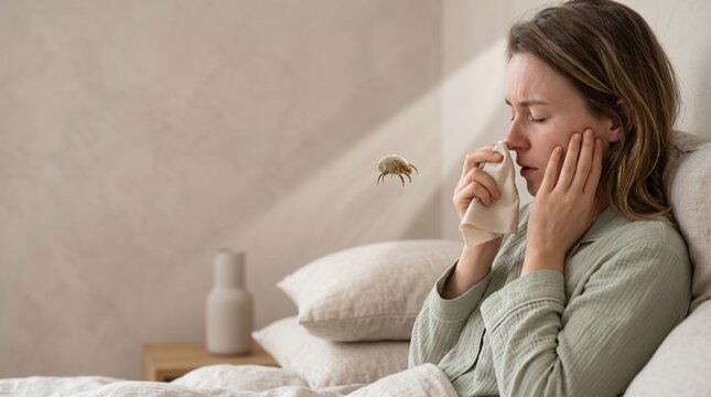 Woman suffering from allergies in bed with dust mites and tissues