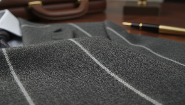 Charcoal grey worsted wool flannel fabric texture with white chalk stripe