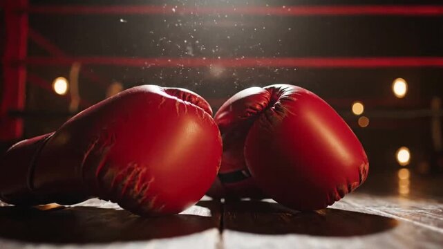 Red boxing gloves on ring floor highlighting geometric patterns and contemporary art