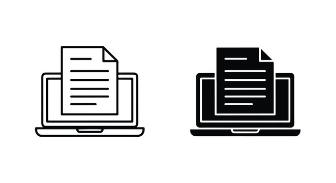 laptop with documents digital workflow concept - Line and glyph solid icon and logo template - Clipart, sticker - icon set