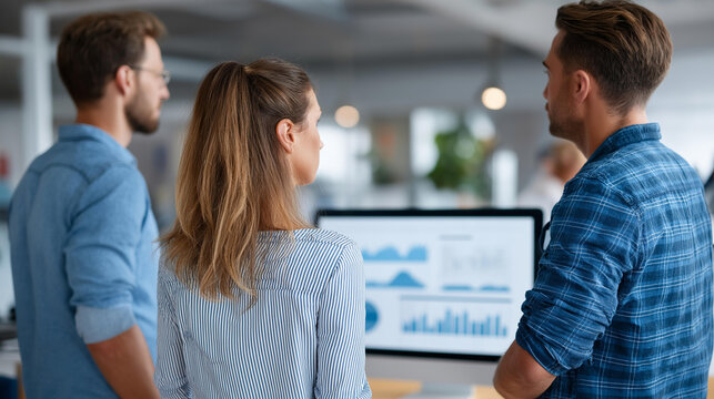 Rear view of an HR technology team collaborating at a shared screen with workforce analytics displayed, collective HR decision concept, team-based people analytics, collaborative workforce
