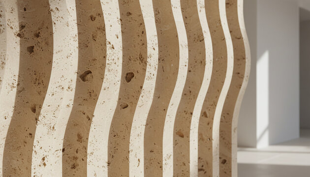 Fluted Roman travertine stone texture with 3D scalloped architectural pattern