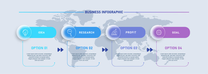 Modern light business infographic template with four workflow steps and world map background. Clean gradient layout © DANN