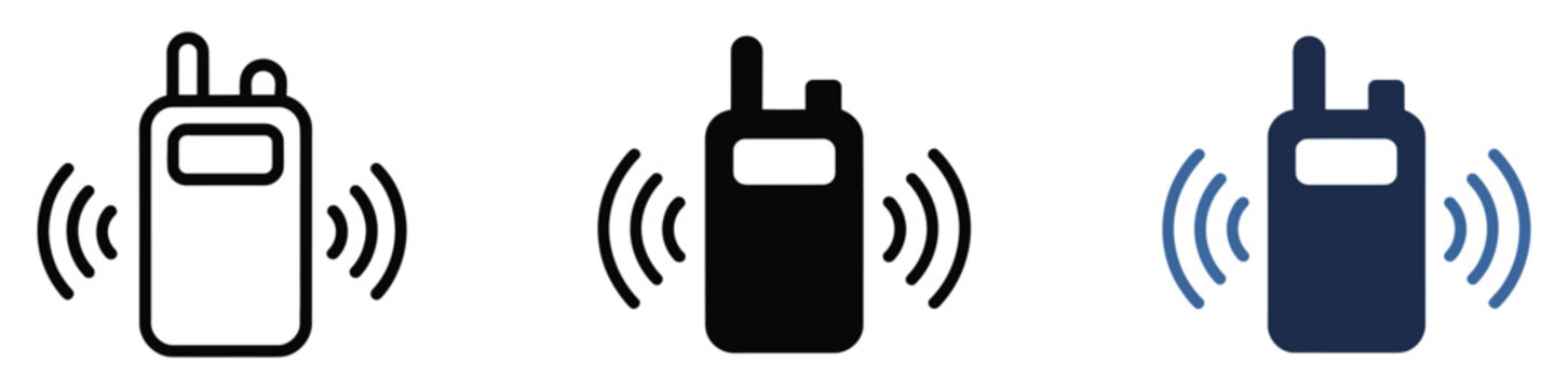 Walkie talkie icon set, portable radio and wireless communication symbols, emergency alert and safety signal pictogram collection, security and coordination device vector