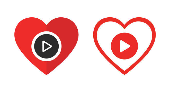 play button on red love heart icon - Solid vector icons - Clipart, sticker - icon set