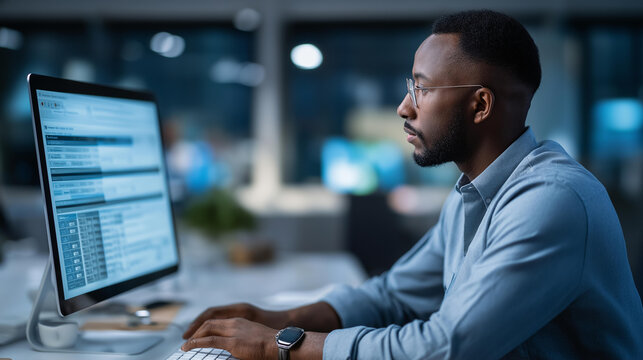 Rear view of an HR specialist reviewing reference check data on a verification software interface, background screening concept, digital candidate verification, recruitment compliance tool,