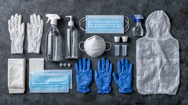 Medical PPE gear flatlay with masks, gloves, sanitizer and protective suit, infection prevention and healthcare safety concept