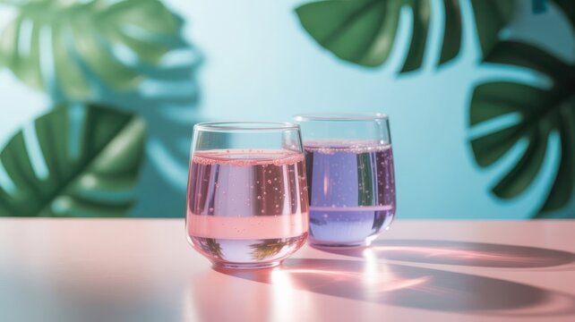 Two pink and purple retro cameras on a table with green plants in the background