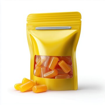 Vibrant gummy candy pouch display retail store product photography bright environment close-up view sweet treats concept