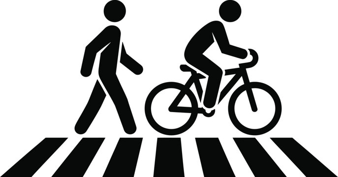 Pedestrian and bicycle crossing icon, clean traffic sign illustration, pedestrian pushing bicycle across zebra crossing, urban mobility safety symbol, road regulation and public transport vector 