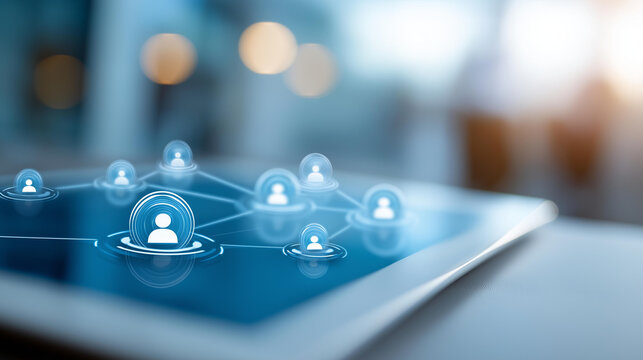 Close-up of a virtual screen showing outsourcing and people connection icons linked to global systems, outsourcing concept, remote workforce management, global employee assessment,